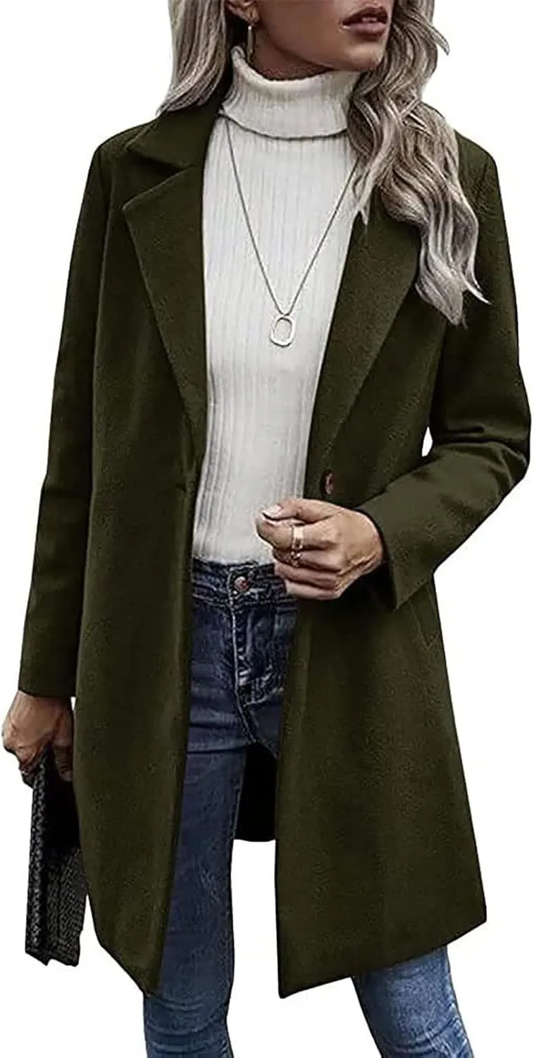 YRAETENM Trench Coats for Women Chic Notch Lapel One Button Mid Long Pea Coats Fall Winter Plus Size Warm Overcoat Outwear