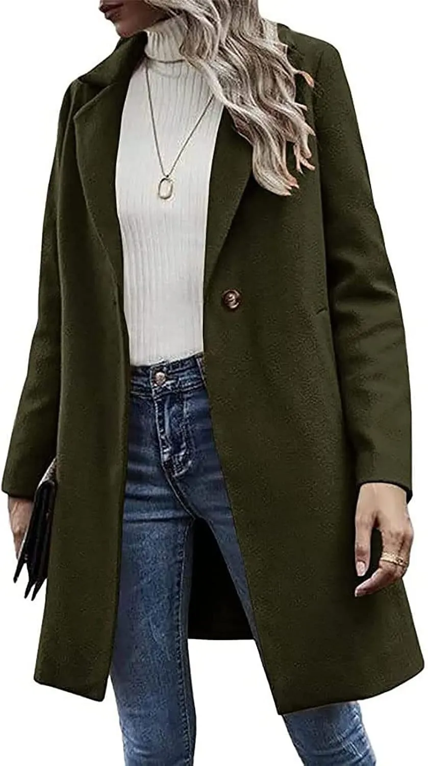 YRAETENM Trench Coats for Women Chic Notch Lapel One Button Mid Long Pea Coats Fall Winter Plus Size Warm Overcoat Outwear