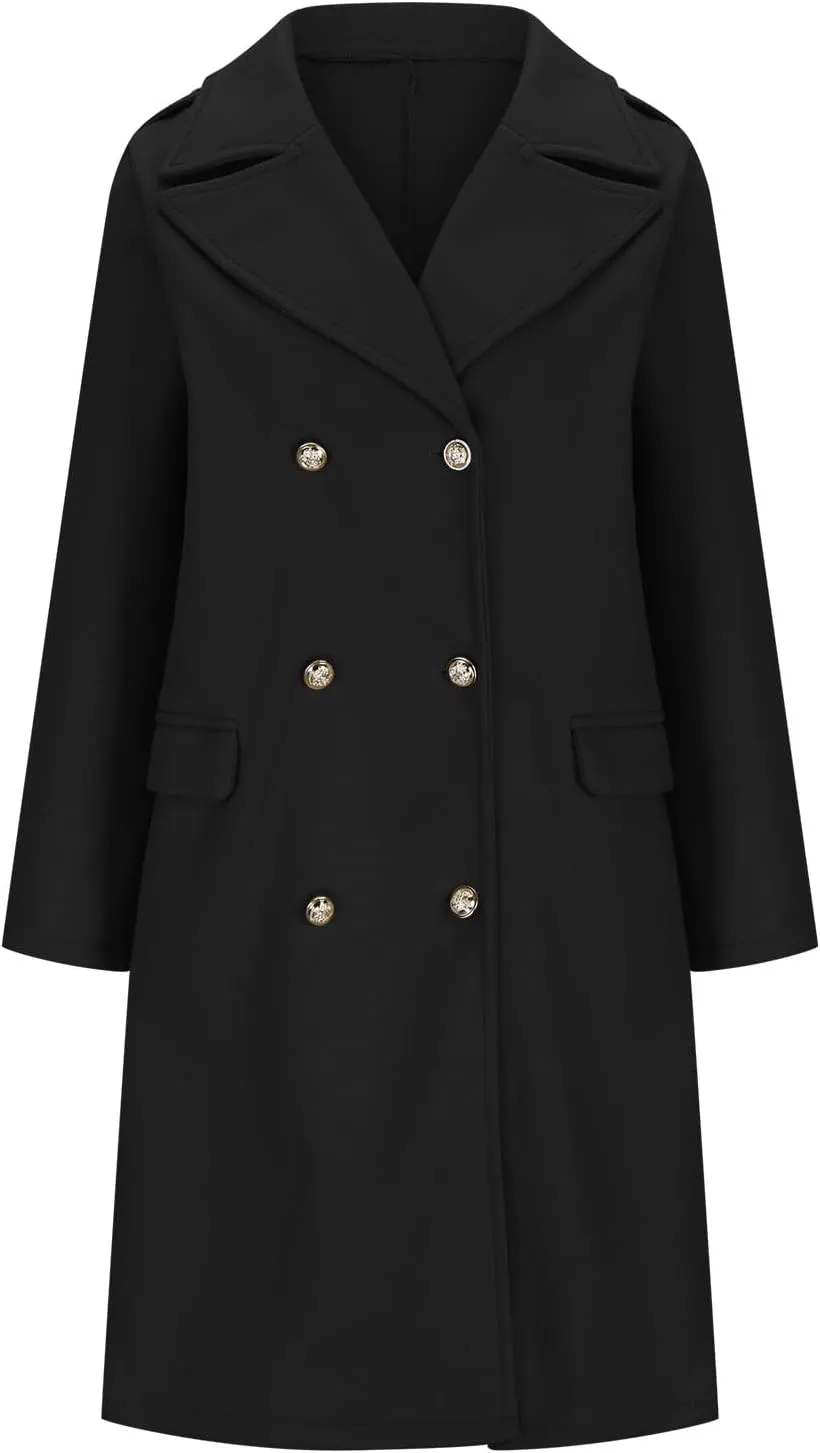YRAETENM Winter Coats for Women 2024 Notched Lapel Collar Double Breasted Pea Coats Plus Size Mid-Long Wool Trench Coat