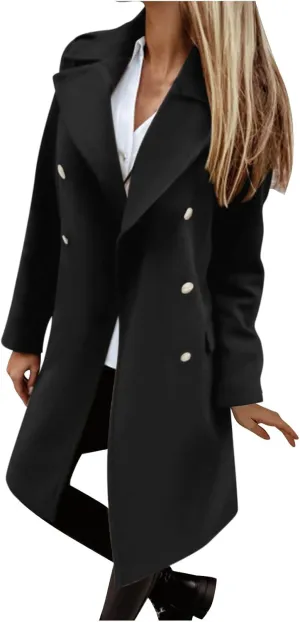 YRAETENM Winter Coats for Women 2024 Notched Lapel Collar Double Breasted Pea Coats Plus Size Mid-Long Wool Trench Coat