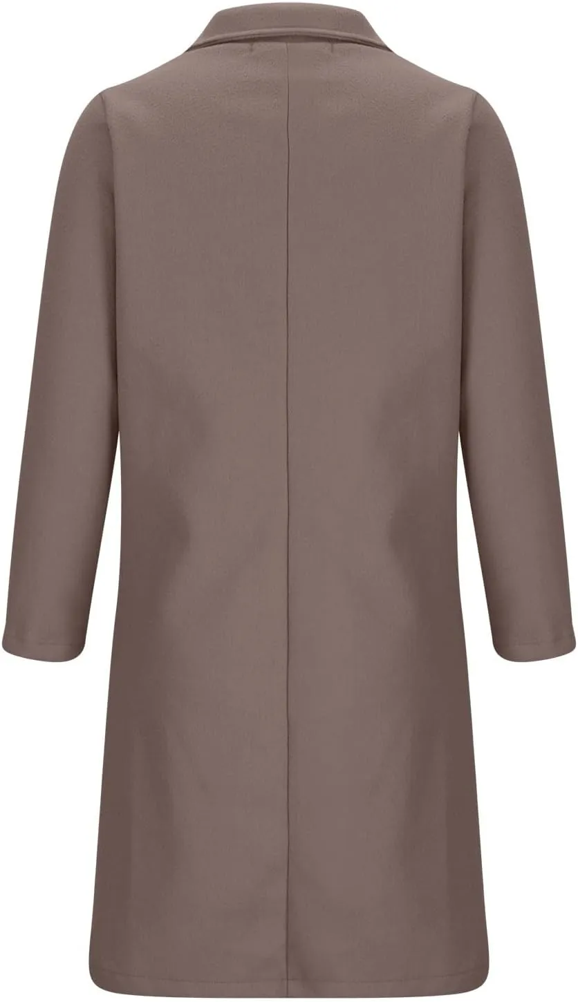 YRAETENM Winter Coats for Women Notched Lapel Wool Blend Solid Long Pea Coat Casual Slim Fit Warm Trench Coats with Pockets