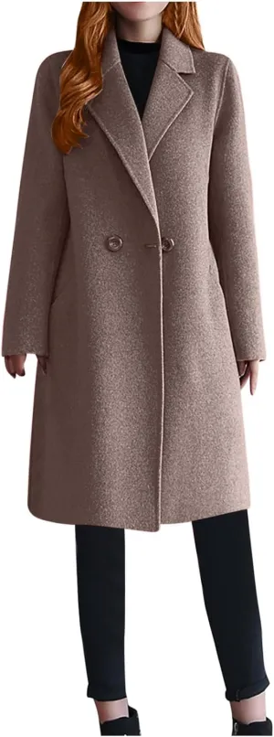 YRAETENM Winter Coats for Women Notched Lapel Wool Blend Solid Long Pea Coat Casual Slim Fit Warm Trench Coats with Pockets