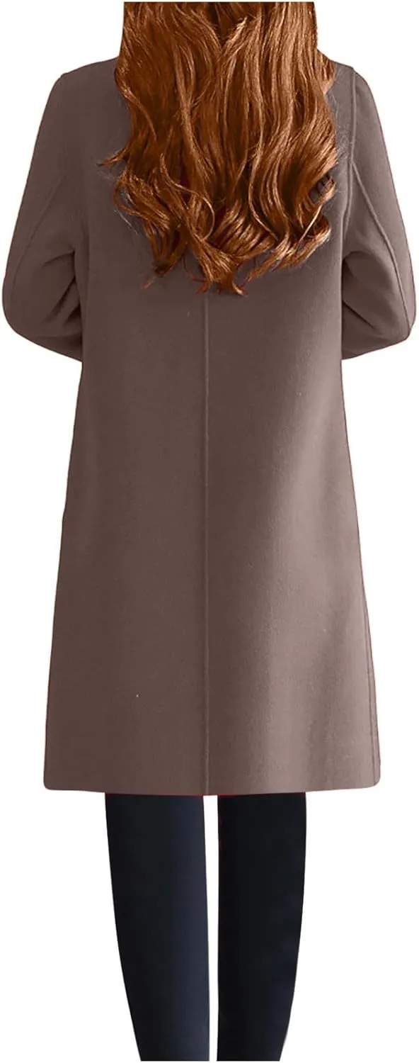 YRAETENM Winter Coats for Women Notched Lapel Wool Blend Solid Long Pea Coat Casual Slim Fit Warm Trench Coats with Pockets