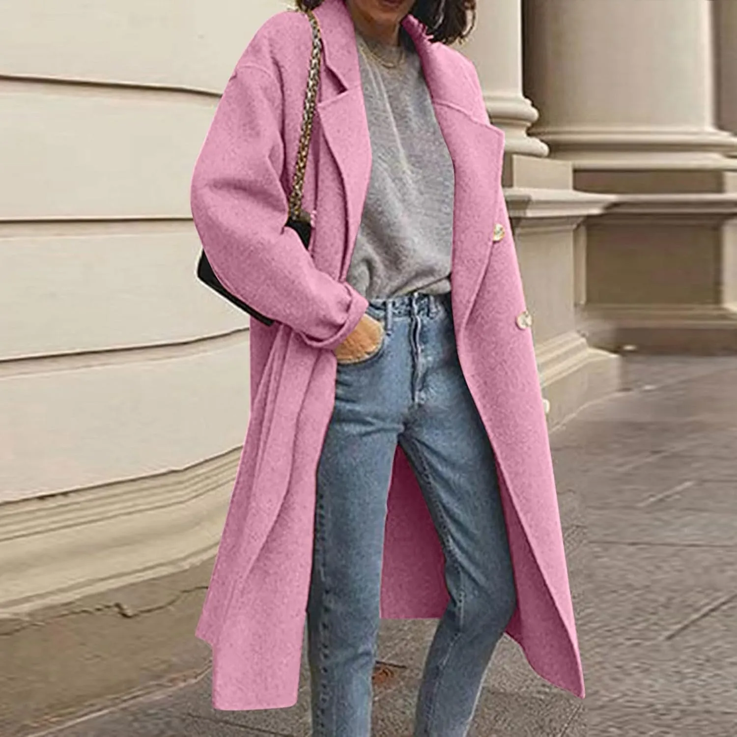 YRAETENM Winter Trench Coat Women Classic Double Breasted Wool Pea Coat Fashion Elegant Notched Lapel Warm Overcoat Jacket