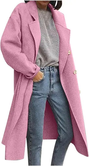 YRAETENM Winter Trench Coat Women Classic Double Breasted Wool Pea Coat Fashion Elegant Notched Lapel Warm Overcoat Jacket