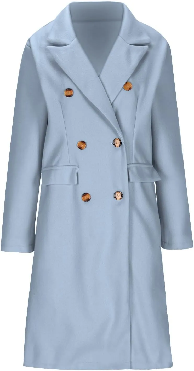 YRAETENM Women Casual Double Breasted Mid Long Pea Coat Winter Notch Lapel Collar Wool Coats Plus Size Blazer Jackets Outwear