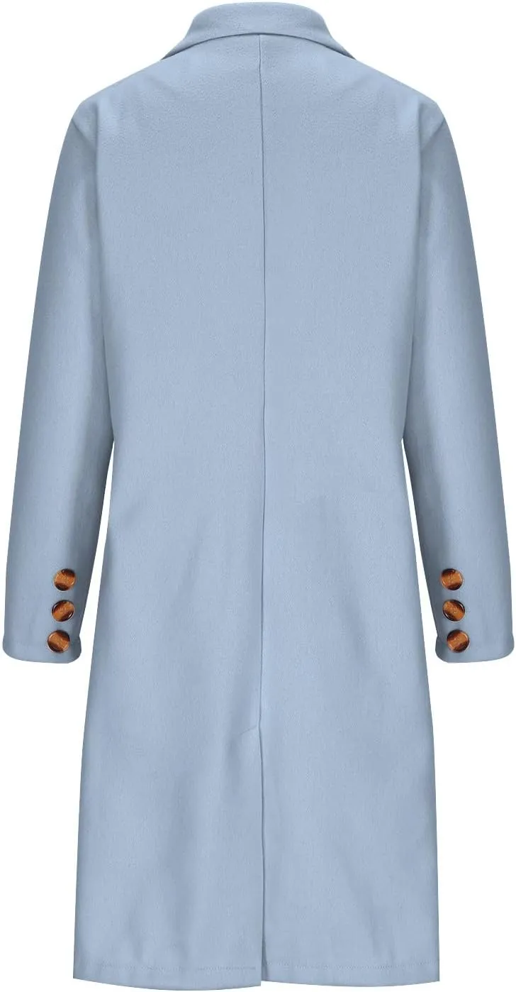 YRAETENM Women Casual Double Breasted Mid Long Pea Coat Winter Notch Lapel Collar Wool Coats Plus Size Blazer Jackets Outwear