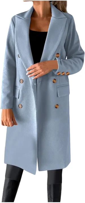 YRAETENM Women Casual Double Breasted Mid Long Pea Coat Winter Notch Lapel Collar Wool Coats Plus Size Blazer Jackets Outwear