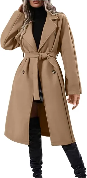 YRAETENM Women Double Breasted Coats Long Winter Work Office Trench Coats Mid Long Label Overcoat Pocketed Outwear with Belt