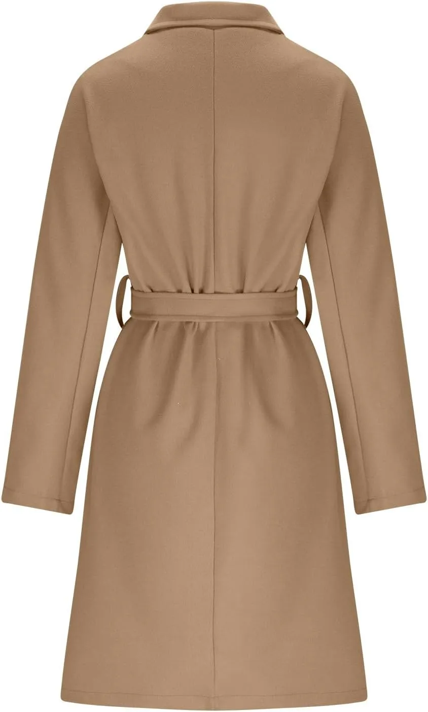 YRAETENM Women Double Breasted Coats Long Winter Work Office Trench Coats Mid Long Label Overcoat Pocketed Outwear with Belt