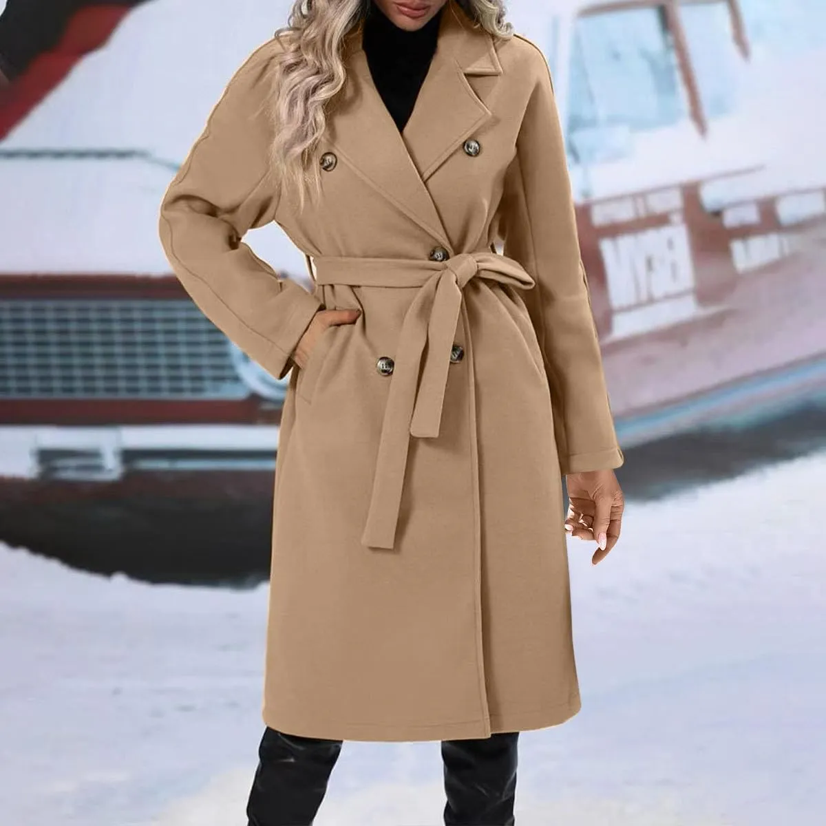 YRAETENM Women Double Breasted Coats Long Winter Work Office Trench Coats Mid Long Label Overcoat Pocketed Outwear with Belt