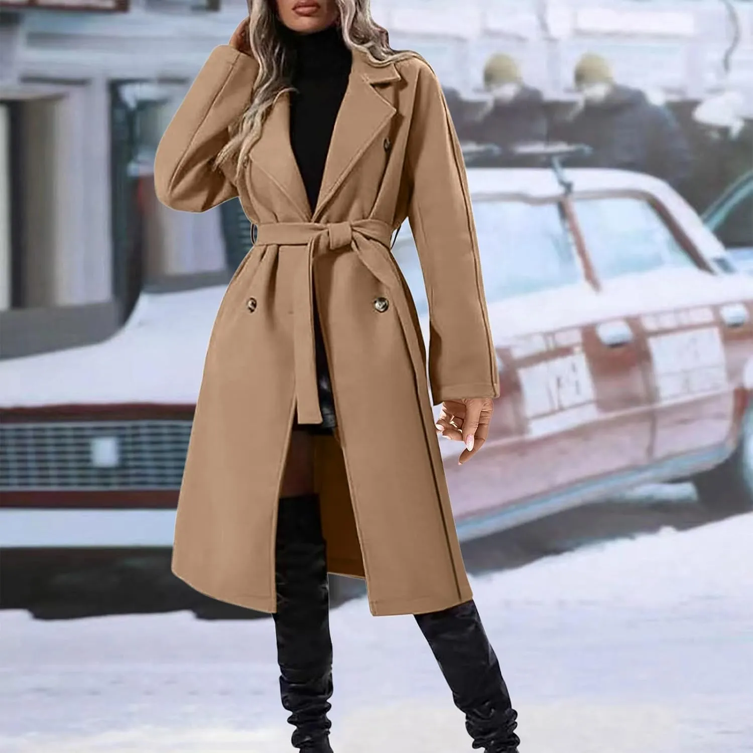 YRAETENM Women Double Breasted Coats Long Winter Work Office Trench Coats Mid Long Label Overcoat Pocketed Outwear with Belt