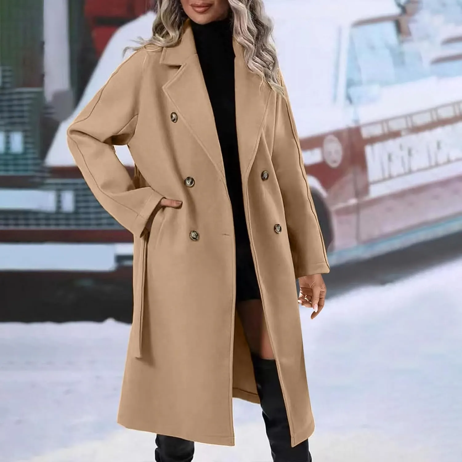 YRAETENM Women Double Breasted Coats Long Winter Work Office Trench Coats Mid Long Label Overcoat Pocketed Outwear with Belt