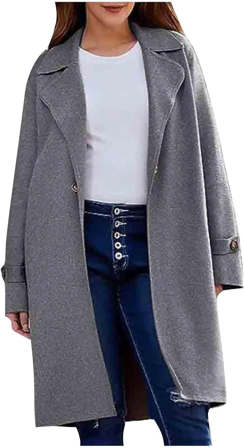 YRAETENM Women's Casual Notch Lapel Wool Coat Single Breasted Raglan Winter Jackets Plus Size Casual Long Trench Coat Peacoat