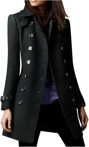 YRAETENM Womens Fall Winter Wool Coats Elegant Double Breasted Pea Coat Classic Slim Fit Collared Trench Coat Warm Overcoat
