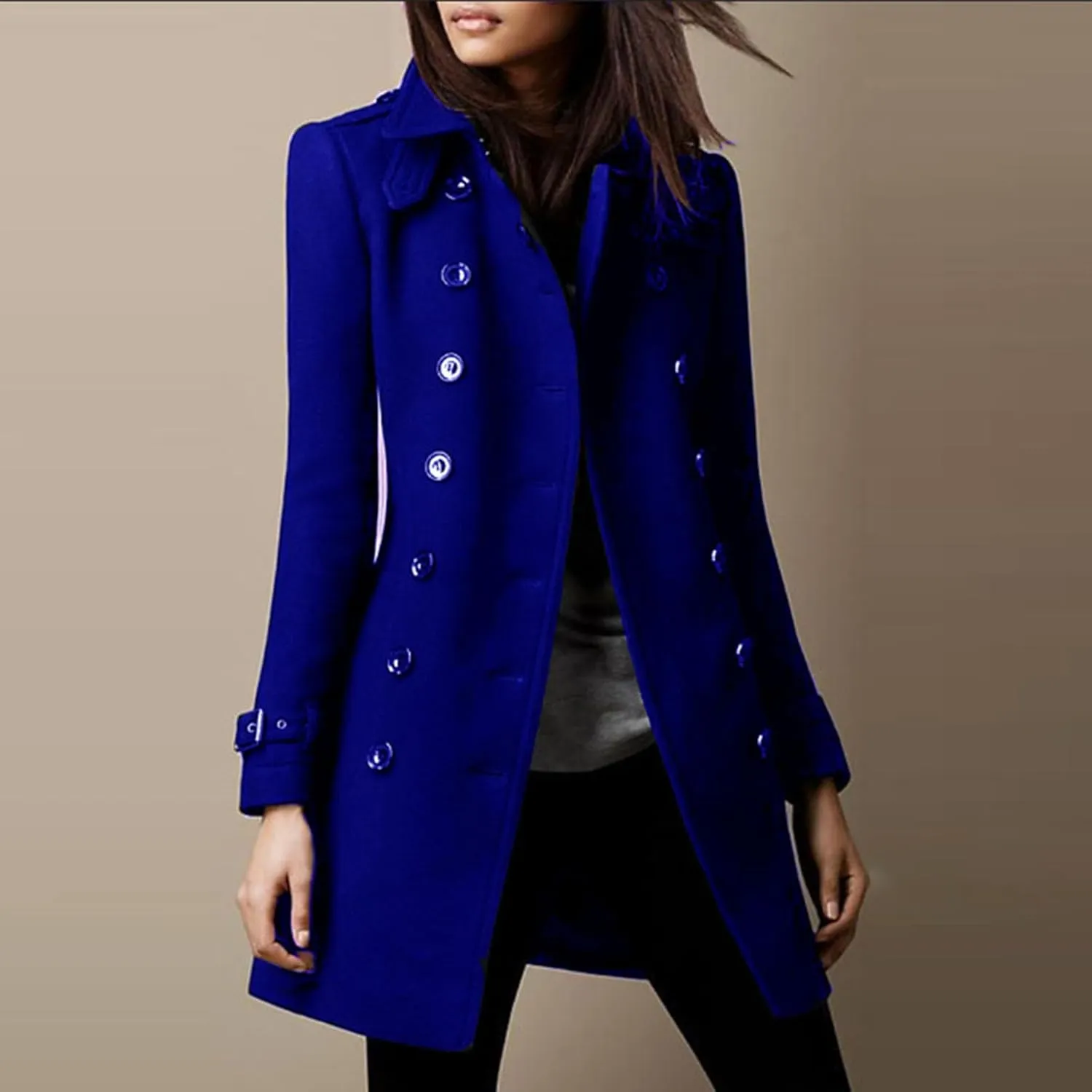 YRAETENM Womens Fall Winter Wool Coats Elegant Double Breasted Pea Coat Classic Slim Fit Collared Trench Coat Warm Overcoat