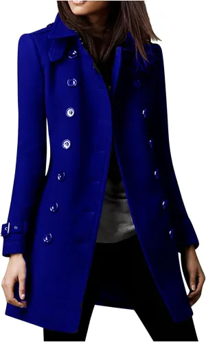 YRAETENM Womens Fall Winter Wool Coats Elegant Double Breasted Pea Coat Classic Slim Fit Collared Trench Coat Warm Overcoat