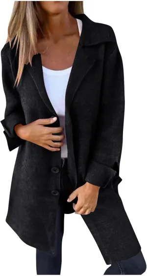 YRAETENM Womens Long Cardigan Sweaters Oversized Lapel Collar Wool Blend Jackets Casual Lightweight Mid Length Trench Coats