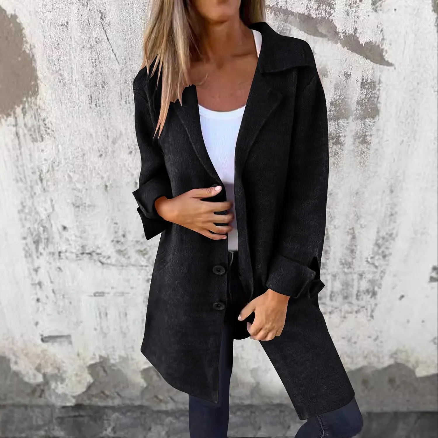 YRAETENM Womens Long Cardigan Sweaters Oversized Lapel Collar Wool Blend Jackets Casual Lightweight Mid Length Trench Coats