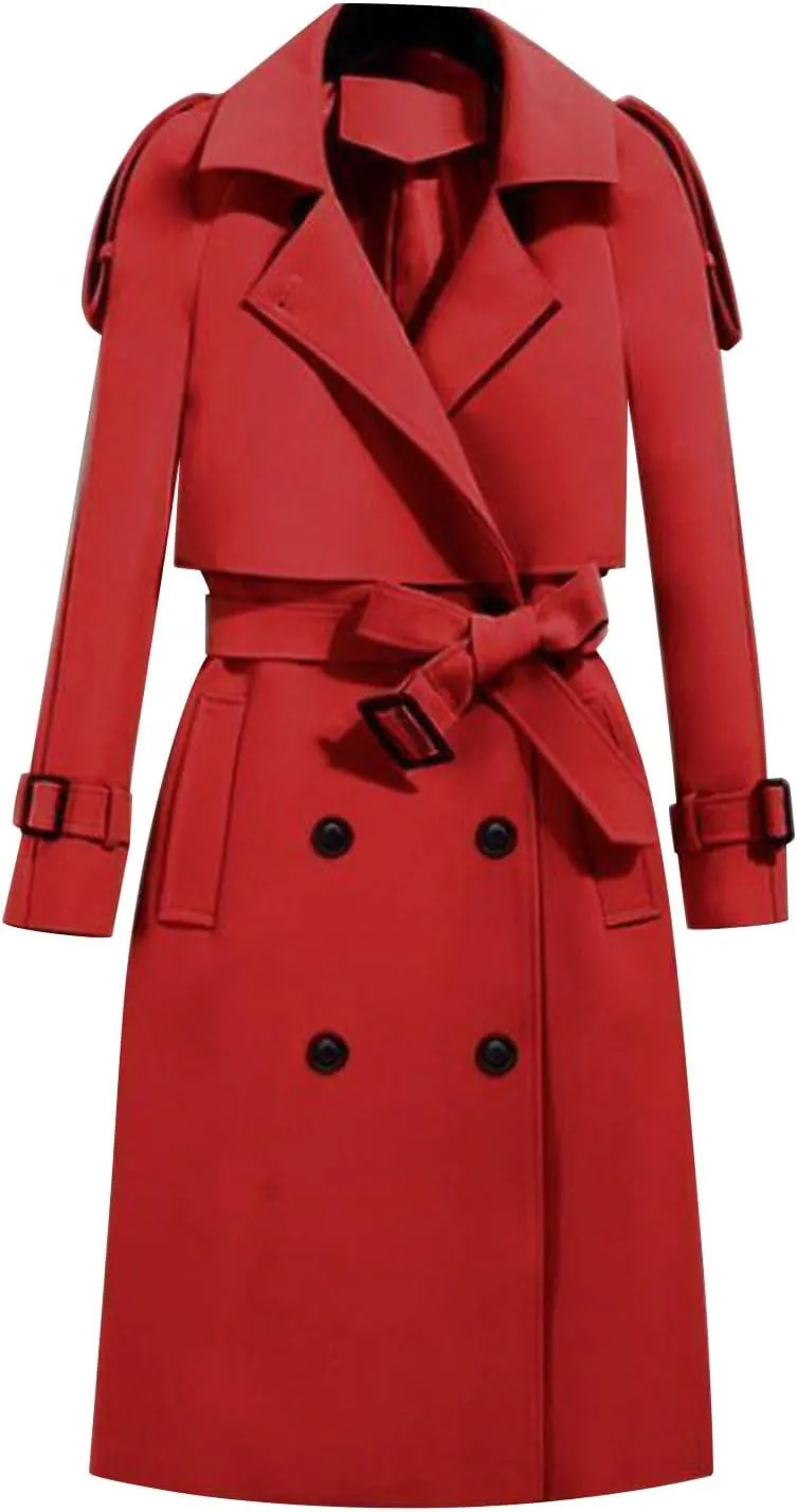 YRAETENM Women's Long Double-Breasted Trench Coat with Belt Lightweight Windbreaker Notch Lapel Collar Long Sleeve Overcoat