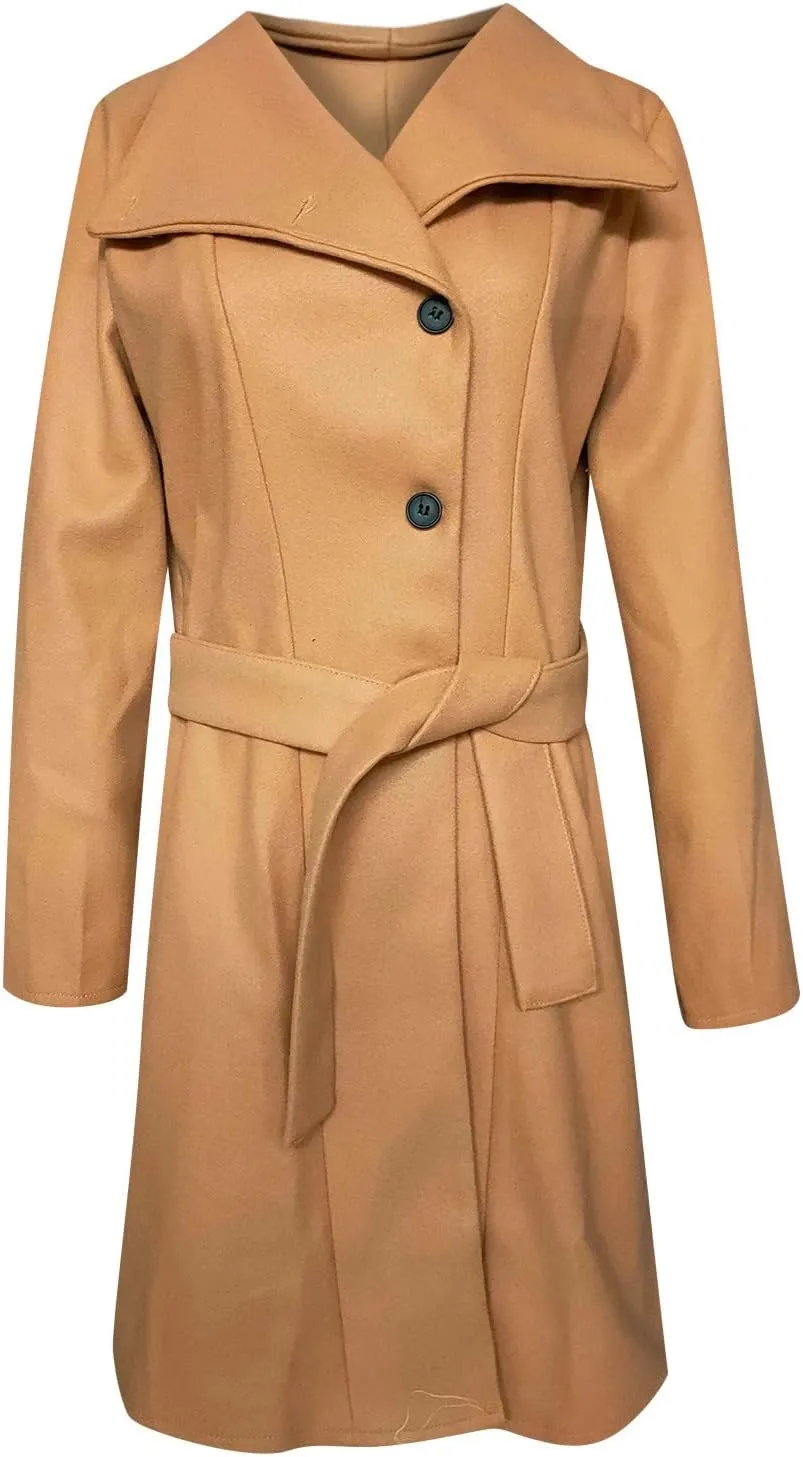 YRAETENM Womens Long Wool Coat Single Breasted Shawl Collar Trench Coat Classic Warm Jacket Fall Winter Pea Coat with Belt
