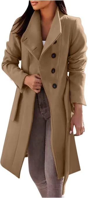 YRAETENM Womens Long Wool Coat Single Breasted Shawl Collar Trench Coat Classic Warm Jacket Fall Winter Pea Coat with Belt