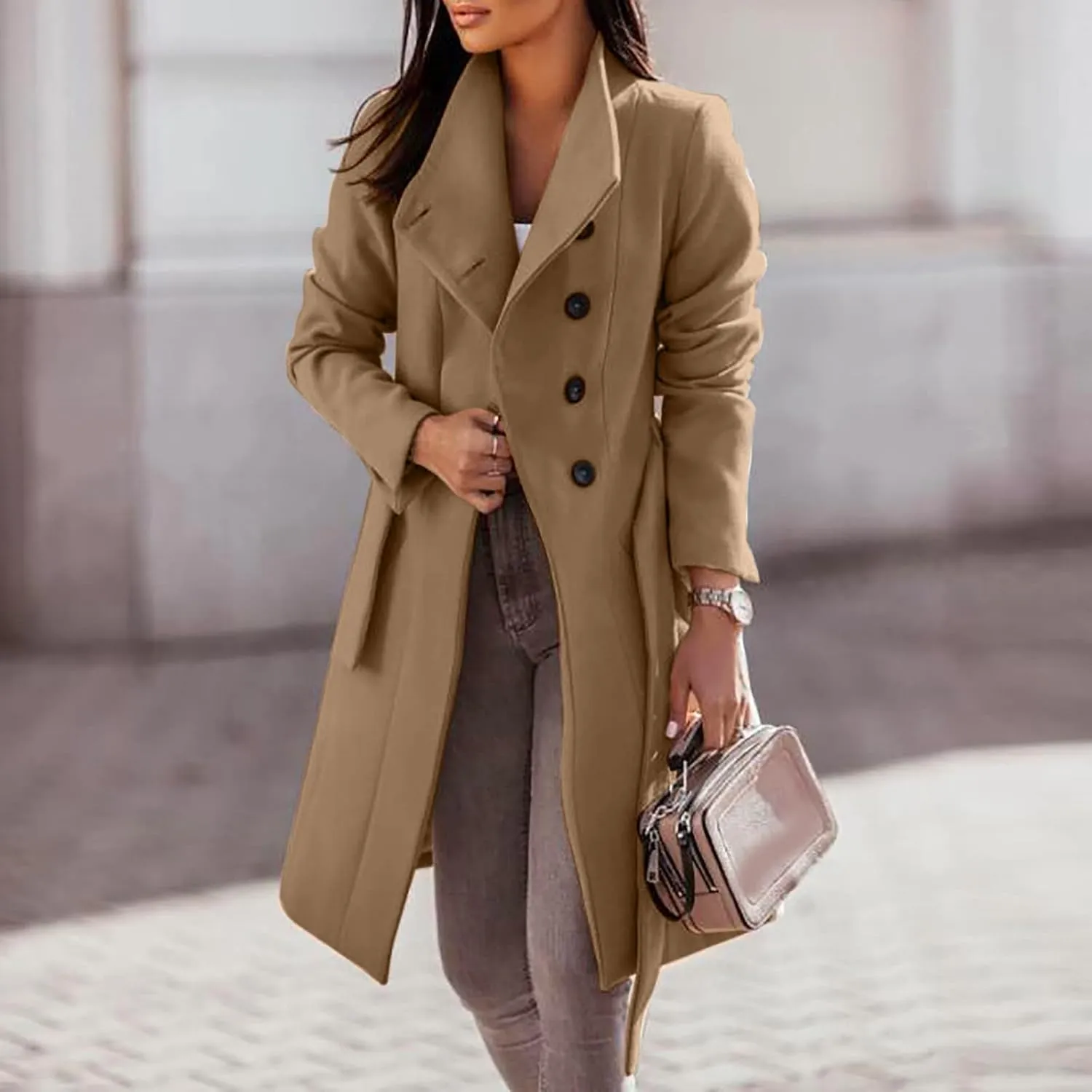YRAETENM Womens Long Wool Coat Single Breasted Shawl Collar Trench Coat Classic Warm Jacket Fall Winter Pea Coat with Belt