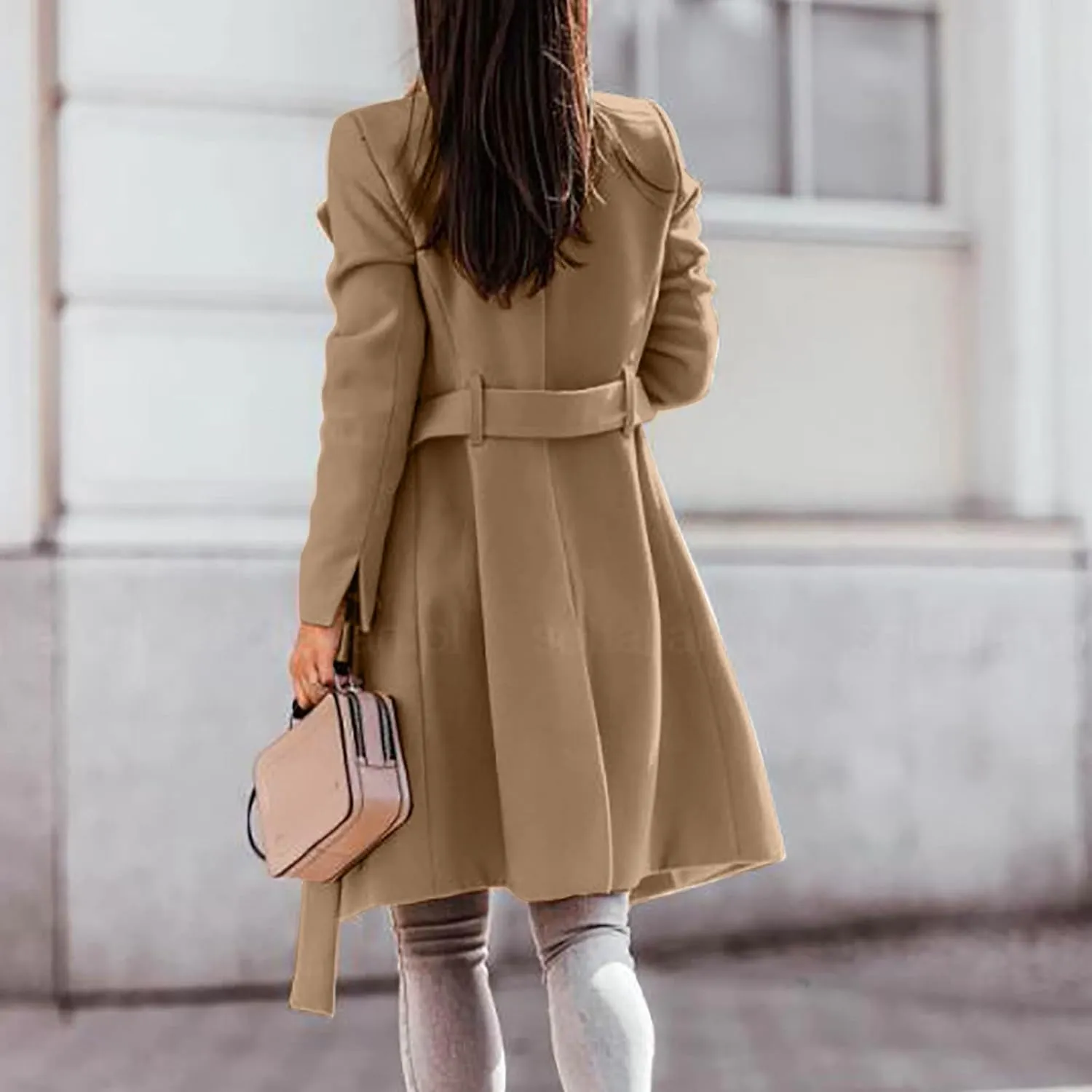 YRAETENM Womens Long Wool Coat Single Breasted Shawl Collar Trench Coat Classic Warm Jacket Fall Winter Pea Coat with Belt