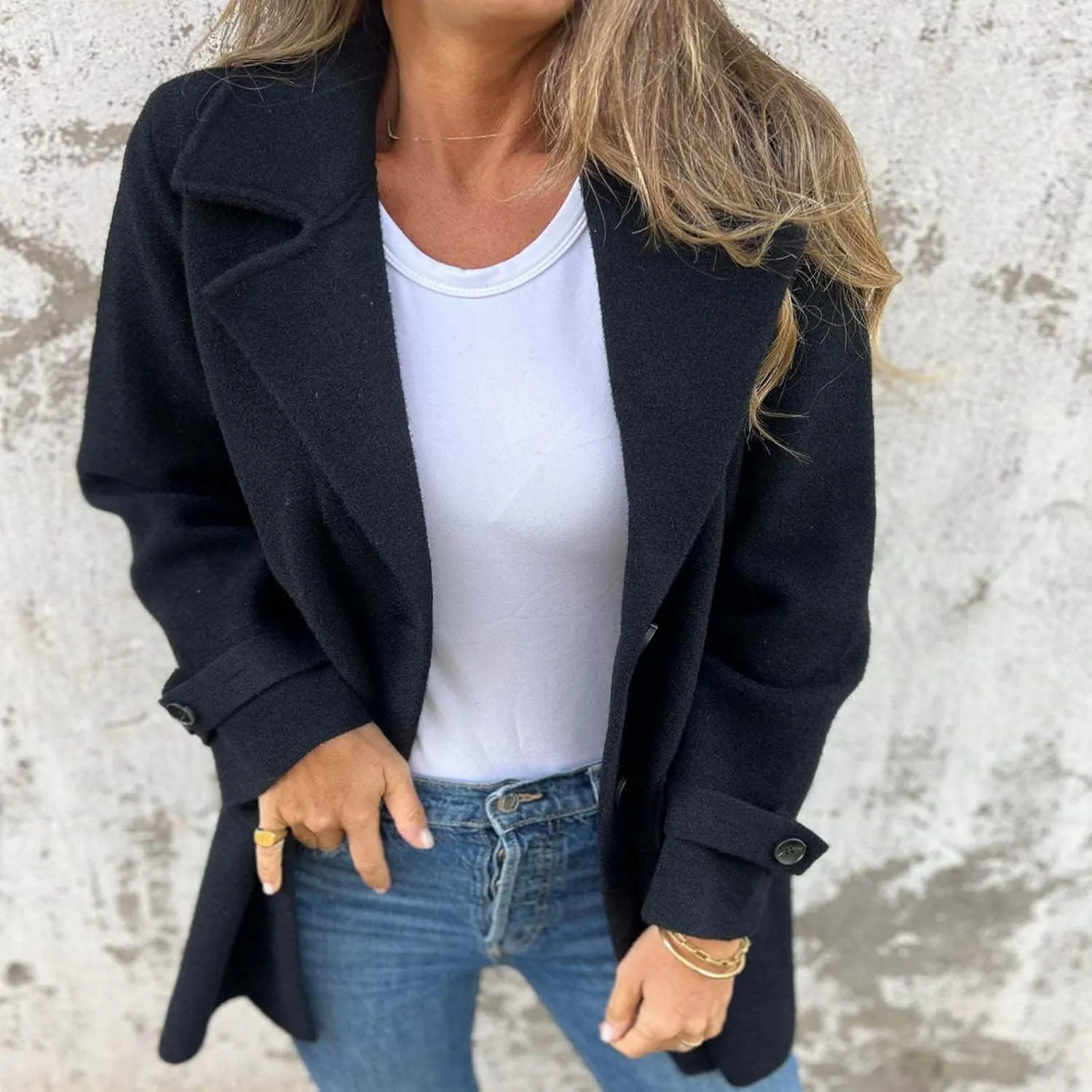 YRAETENM Womens Pea Coat Casual Notch Lapel Single Breasted Trench Coat Fall Winter Long Jackets Warm Open Front Wool Coat