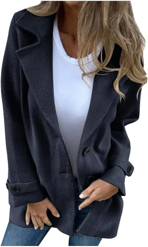 YRAETENM Womens Pea Coat Casual Notch Lapel Single Breasted Trench Coat Fall Winter Long Jackets Warm Open Front Wool Coat