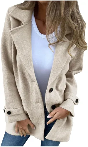YRAETENM Womens Pea Coat Casual Notch Lapel Single Breasted Trench Coat Fall Winter Long Jackets Warm Open Front Wool Coat