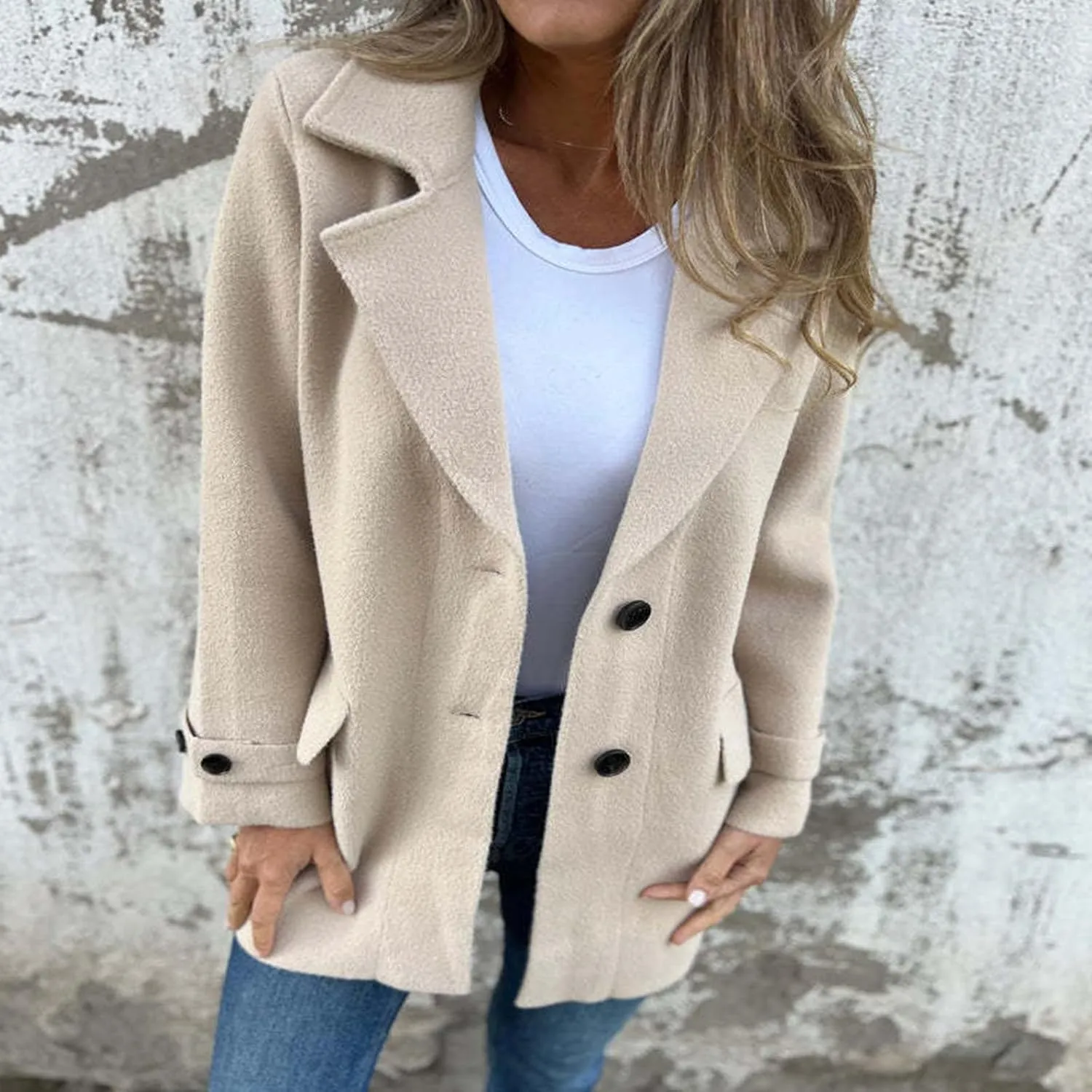 YRAETENM Womens Pea Coat Casual Notch Lapel Single Breasted Trench Coat Fall Winter Long Jackets Warm Open Front Wool Coat