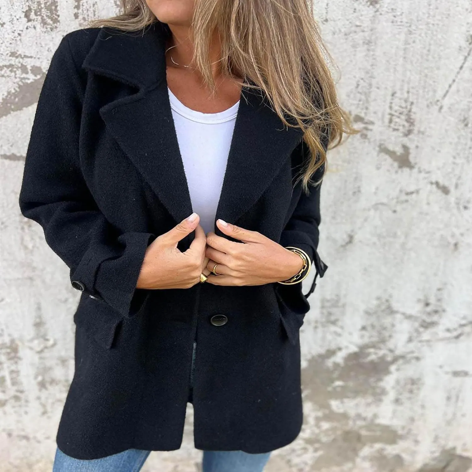 YRAETENM Womens Pea Coat Casual Notch Lapel Single Breasted Trench Coat Fall Winter Long Jackets Warm Open Front Wool Coat