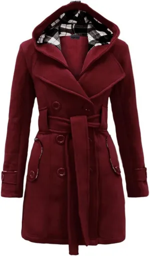 YRAETENM Womens Trench Coat Check Hood Plus Size Duffle Coat Double Breasted Plaid Pea Coat Mid Long Outwear Coat with Belt