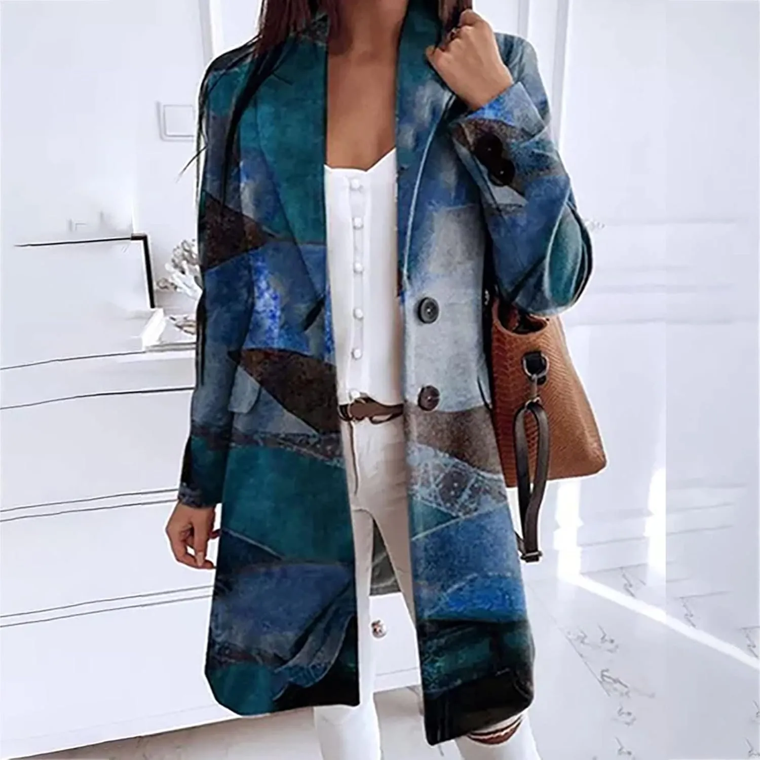 YRAETENM Womens Trench Coat Fashion Printed Single Breasted Lapel Overcoat Casual Mid-Length Long Sleeve Jackets with Pockets