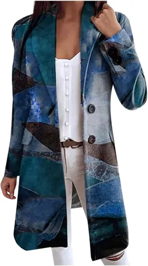 YRAETENM Womens Trench Coat Fashion Printed Single Breasted Lapel Overcoat Casual Mid-Length Long Sleeve Jackets with Pockets