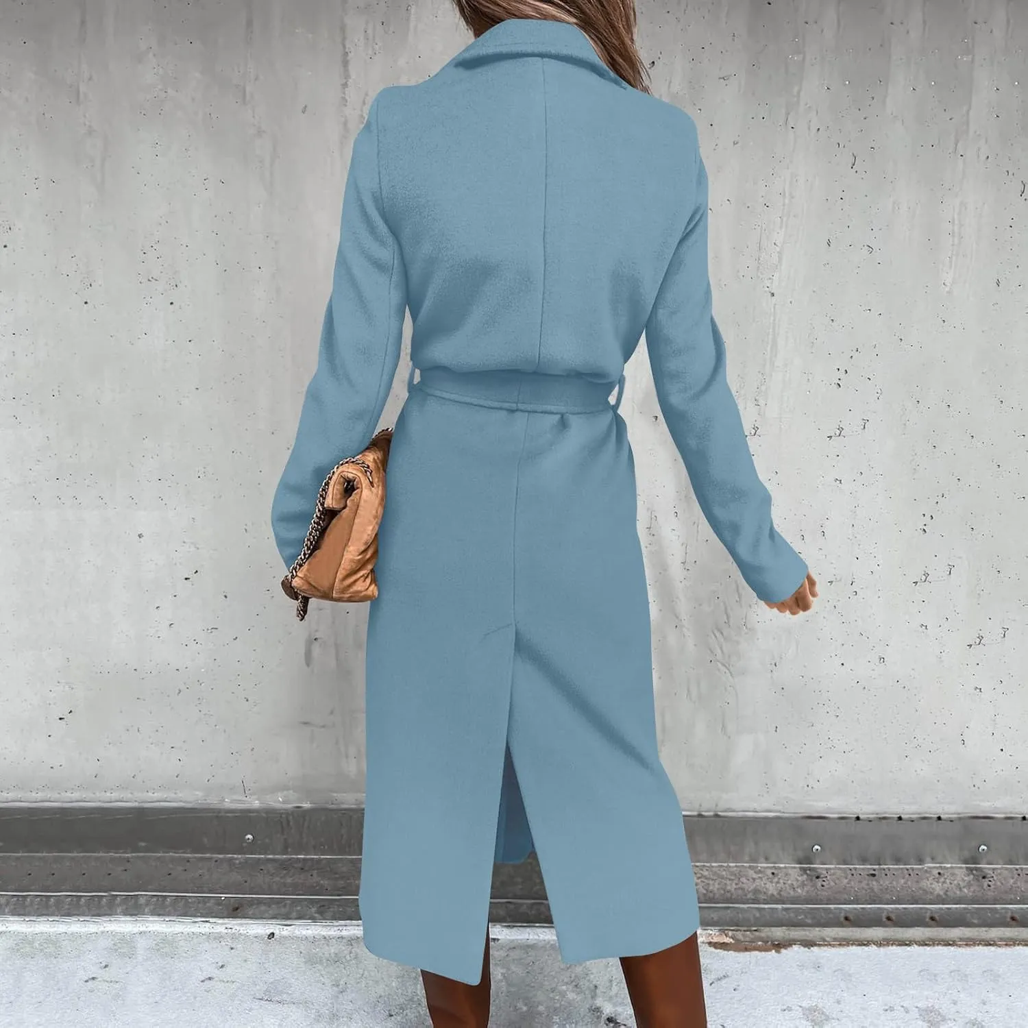 YRAETENM Women's Trench Coat Notch Lapel Collar Pea Coat Long Sleeve Wrap Coat Casual Fall Winter Long Overcoat with Belt