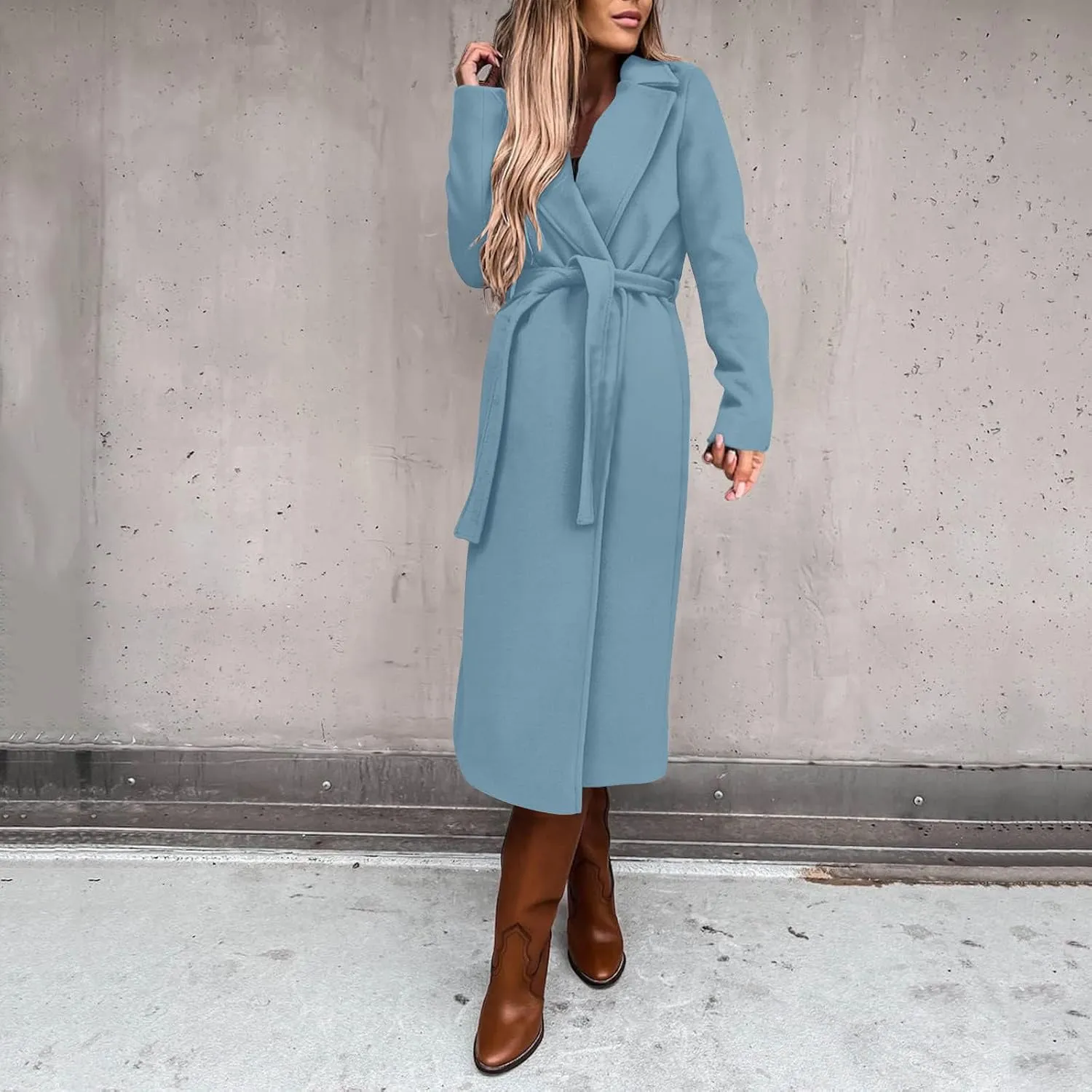 YRAETENM Women's Trench Coat Notch Lapel Collar Pea Coat Long Sleeve Wrap Coat Casual Fall Winter Long Overcoat with Belt