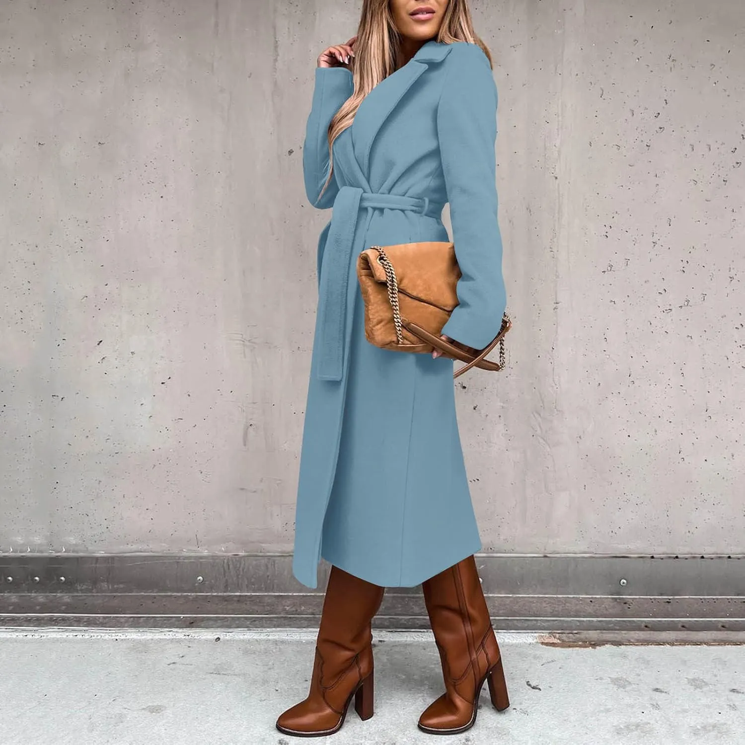 YRAETENM Women's Trench Coat Notch Lapel Collar Pea Coat Long Sleeve Wrap Coat Casual Fall Winter Long Overcoat with Belt