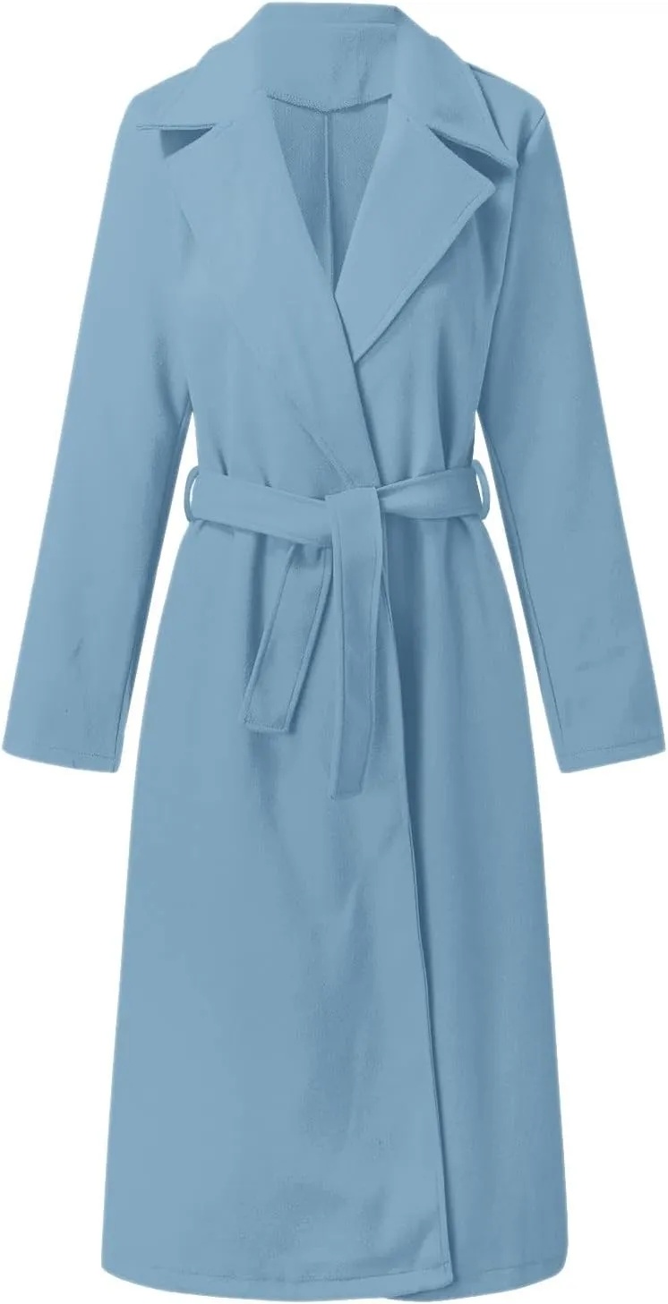 YRAETENM Women's Trench Coat Notch Lapel Collar Pea Coat Long Sleeve Wrap Coat Casual Fall Winter Long Overcoat with Belt