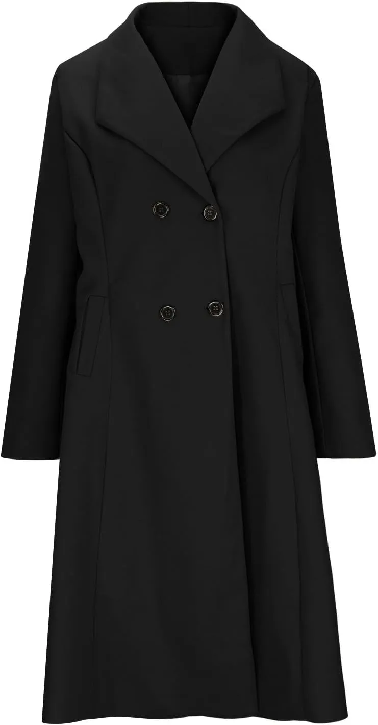 YRAETENM Women's Winter Casual Double Breasted Mid Long Wool Coat Oversized Warm Notched Lapel Business Trench Coats Outwear