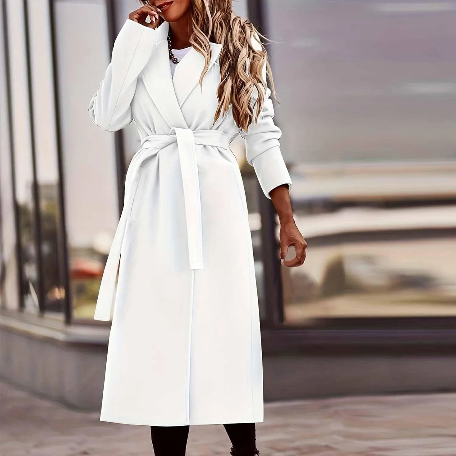 YRAETENM Women's Wool Blend Coat Elegant Notch Lapel Collar Pea Coats Fall Winter Warm Long Overcoat Outerwear with Belt