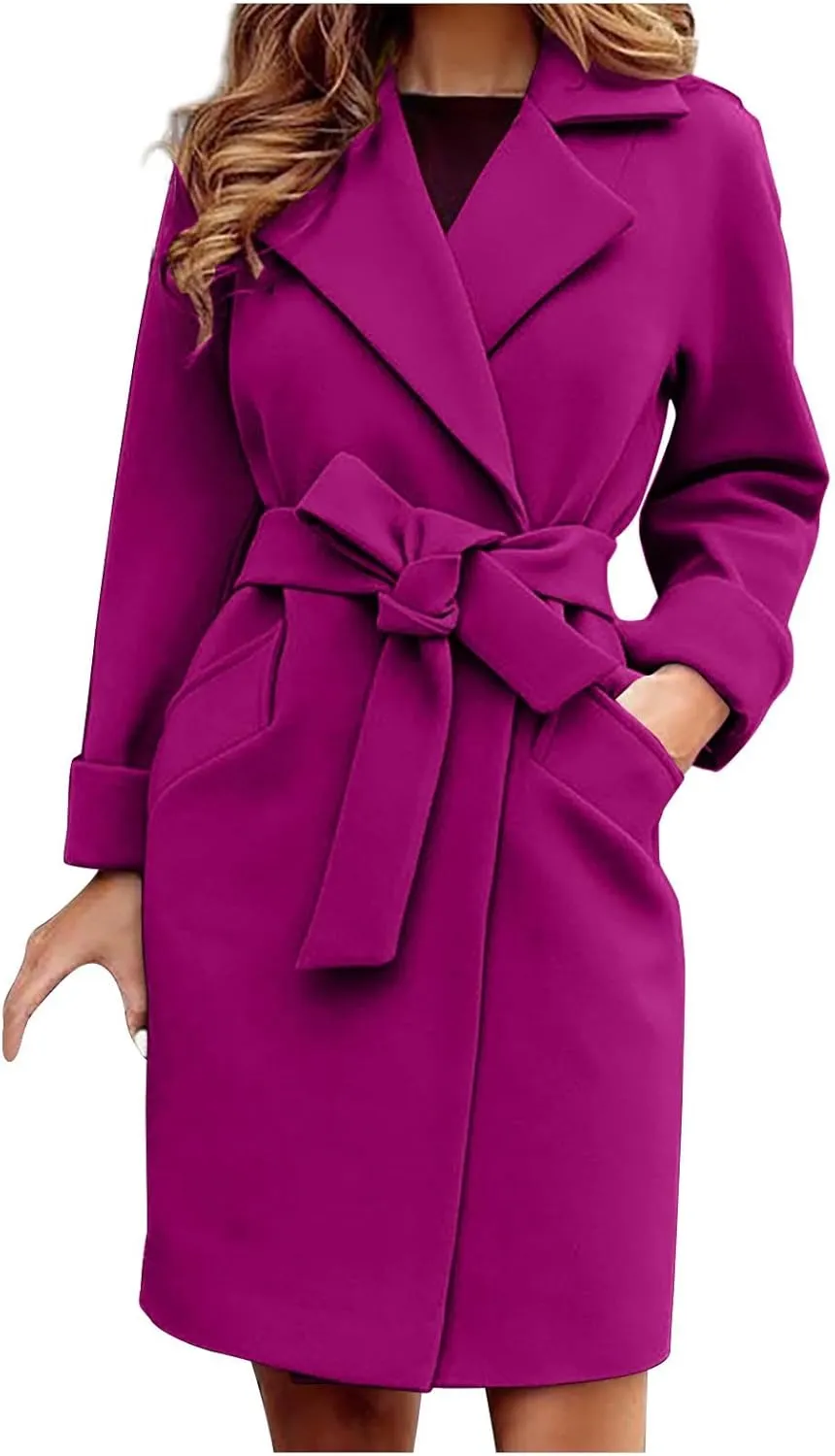 YRAETENM Women's Wool Blend Coat Elegant Notch Lapel Collar Pea Coats Fall Winter Warm Long Overcoat Outerwear with Belt
