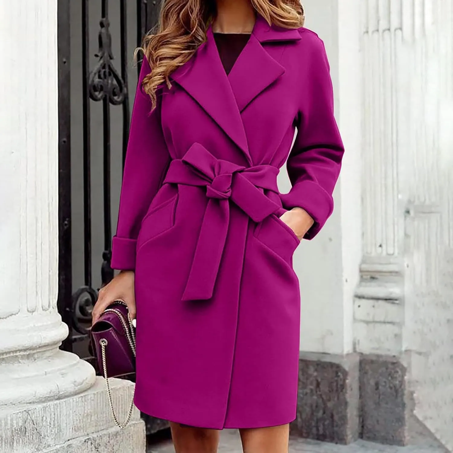 YRAETENM Women's Wool Blend Coat Elegant Notch Lapel Collar Pea Coats Fall Winter Warm Long Overcoat Outerwear with Belt