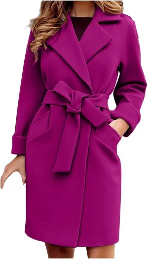 YRAETENM Women's Wool Blend Coat Elegant Notch Lapel Collar Pea Coats Fall Winter Warm Long Overcoat Outerwear with Belt