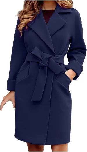 YRAETENM Women's Wool Blend Coat Elegant Notch Lapel Collar Pea Coats Fall Winter Warm Long Overcoat Outerwear with Belt