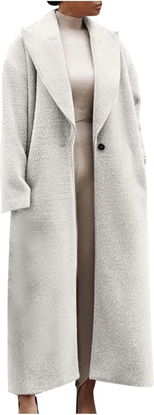 YRAETENM Women's Wool Blend Coat Oversized Notch Lapel Ankle Length Business Pea Coats Casual Open Front Winter Trench Coats
