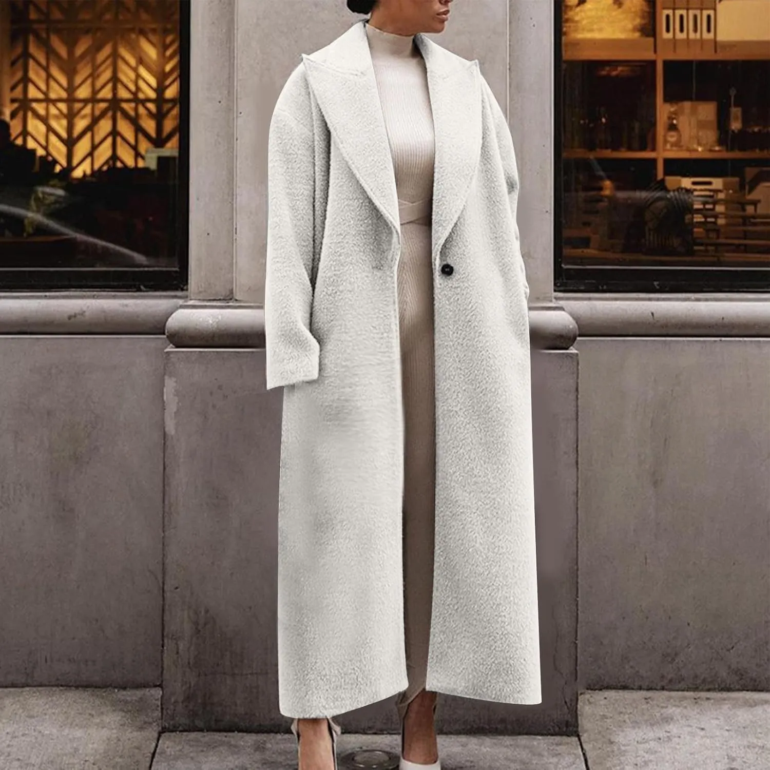 YRAETENM Women's Wool Blend Coat Oversized Notch Lapel Ankle Length Business Pea Coats Casual Open Front Winter Trench Coats