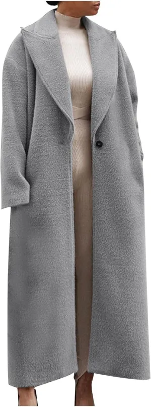 YRAETENM Women's Wool Blend Coat Oversized Notch Lapel Ankle Length Business Pea Coats Casual Open Front Winter Trench Coats
