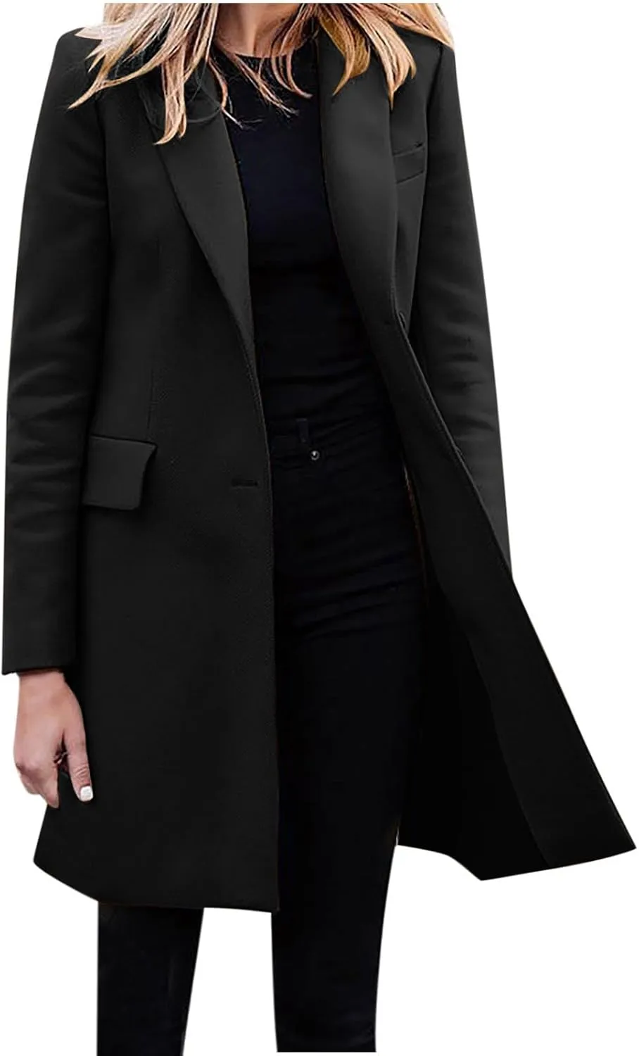 YRAETENM Women's Wool Blend Pea Coats Winter Casual Lapel Collar Open Front Cardigan Windproof Long Blazer Jackets Outwear